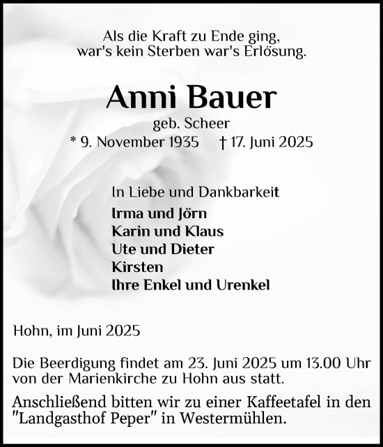 Traueranzeige von Anni Bauer von Schleswig-Holsteinische Landeszeitung