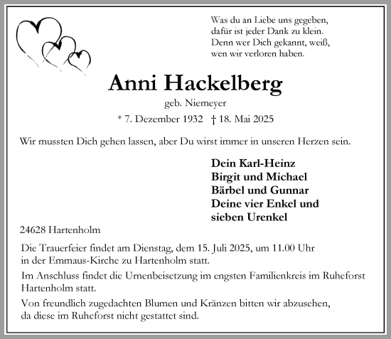 Traueranzeige von Anni Hackelberg von Umschau