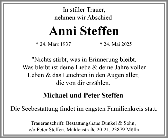 Traueranzeige von Anni Steffen von MARKT Ratzeburg/Mölln