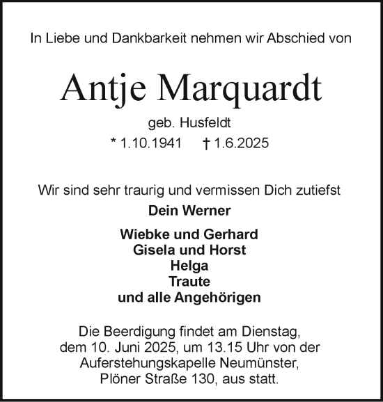 Traueranzeige von Antje Marquardt von Holsteinischer Courier
