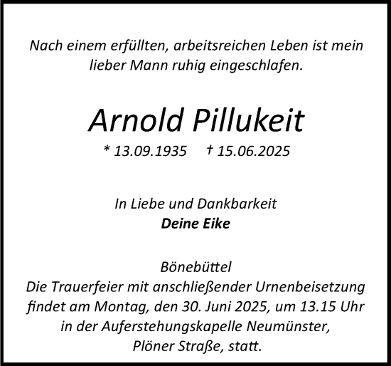 Traueranzeige von Arnold Pillukeit von Holsteinischer Courier