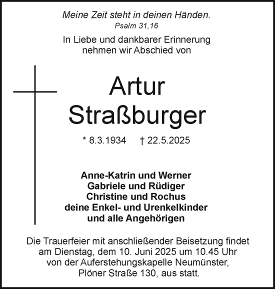 Traueranzeige von Artur Straßburger von Holsteinischer Courier
