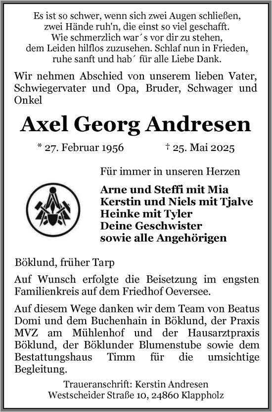 Traueranzeige von Axel Georg Andresen von Flensburger Tageblatt, Schleswiger Nachrichten, Schlei-Bote