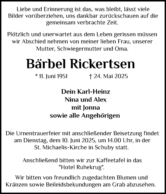 Traueranzeige von Bärbel Rickertsen von Schleswiger Nachrichten, Schlei-Bote