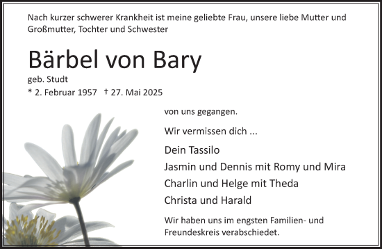 Traueranzeige von Bärbel von Bary von MARKT Bad Oldesloe/Reinfeld und Stormarner Tageblatt