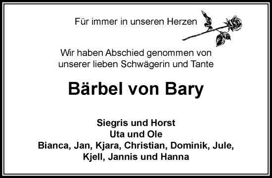 Traueranzeige von Bärbel von Bary von MARKT Bad Oldesloe/Reinfeld und Stormarner Tageblatt