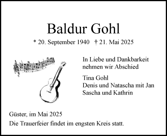 Traueranzeige von Baldur Gohl von Wochenend Anzeiger
