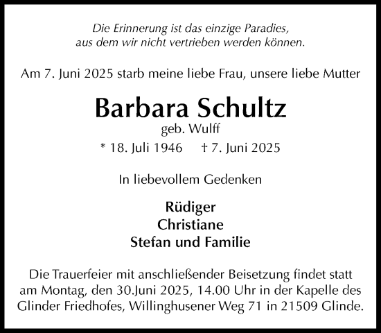 Traueranzeige von Barbara Schultz von MARKT Glinde/Reinfeld