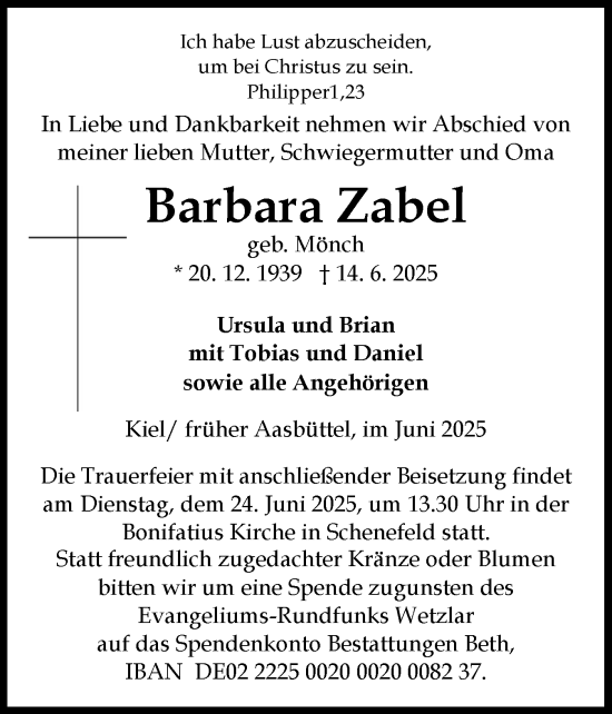 Traueranzeige von Barbara Zabel von Norddeutsche Rundschau, Wilstersche Zeitung, Glückstädter Fortuna