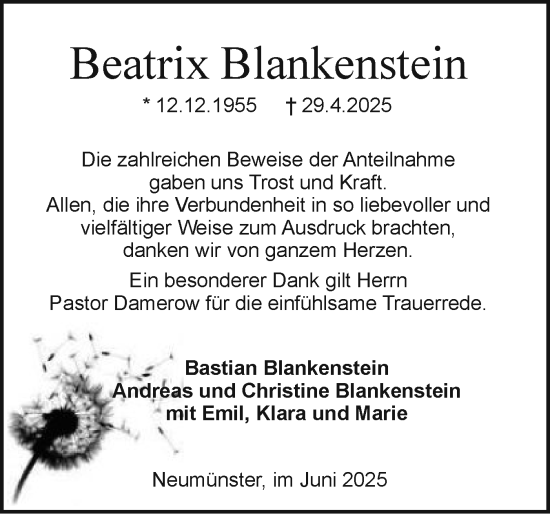 Traueranzeige von Beatrix Blankenstein von Holsteinischer Courier