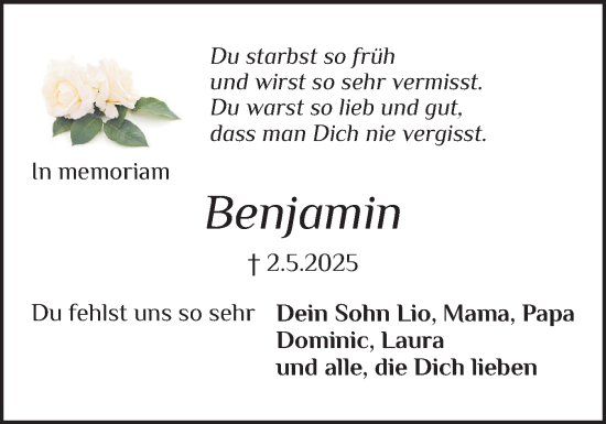 Traueranzeige von Benjamin  von Schleswiger Nachrichten, Schlei-Bote