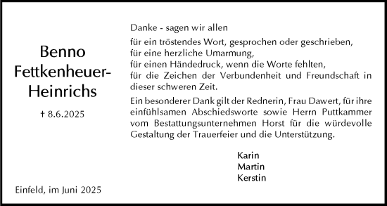 Traueranzeige von Benno Fettkenheuer-Heinrichs von Holsteinischer Courier