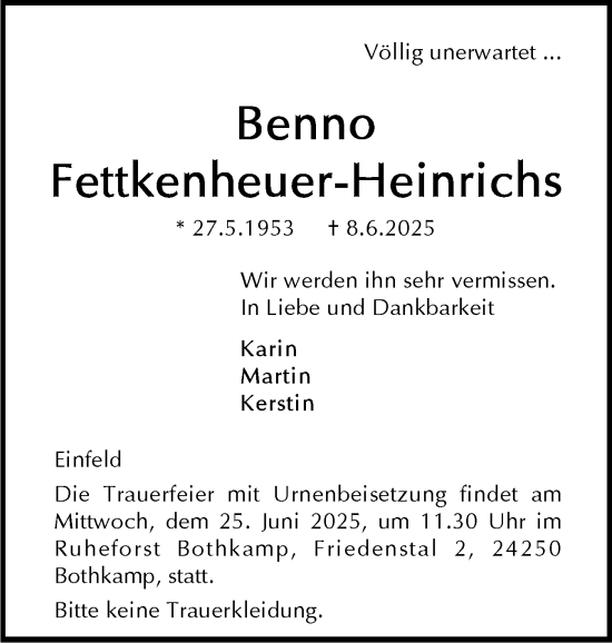 Traueranzeige von Benno Fettkenheuer-Heinrichs von Holsteinischer Courier