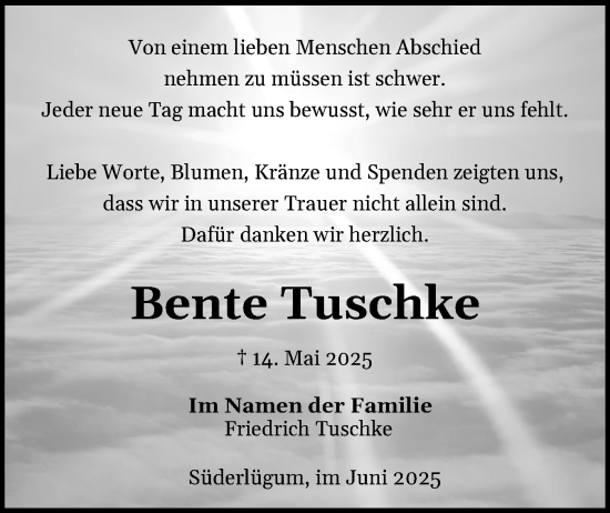 Traueranzeige von Bente Tuschke von Husumer Nachrichten, Nordfriesland Tageblatt