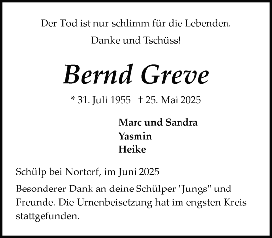 Traueranzeige von Bernd Greve von Schleswig-Holsteinische Landeszeitung