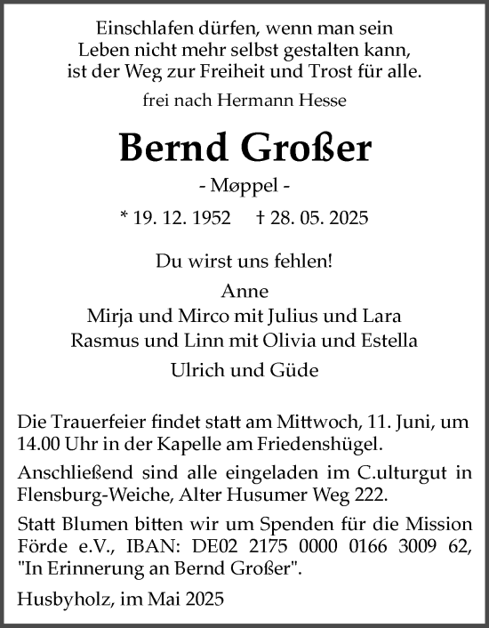 Traueranzeige von Bernd Großer von Flensburger Tageblatt