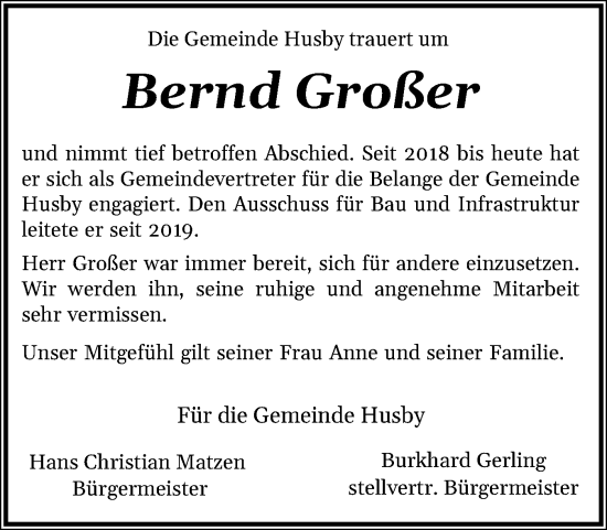 Traueranzeige von Bernd Großer von Flensburger Tageblatt