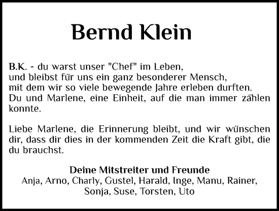 Traueranzeige von Bernd Klein von Husumer Nachrichten, Nordfriesland Tageblatt