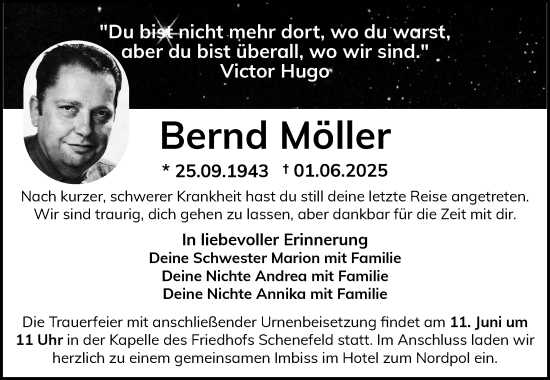 Traueranzeige von Bernd Möller von Norddeutsche Rundschau, Wilstersche Zeitung, Glückstädter Fortuna