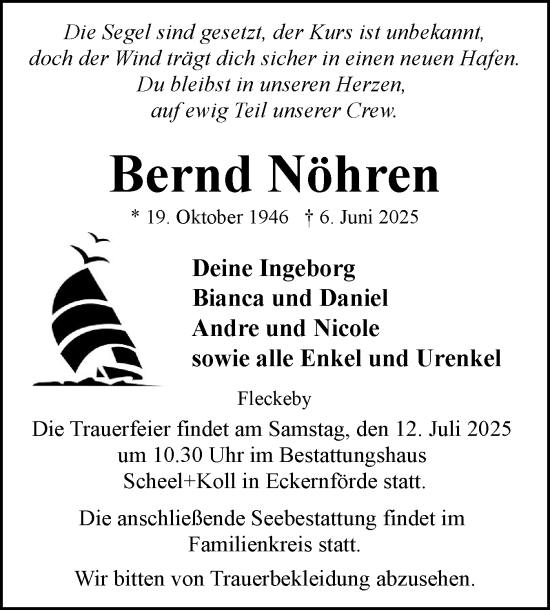 Traueranzeige von Bernd Nöhren von Eckernförder Zeitung, Hallo Eckernförde