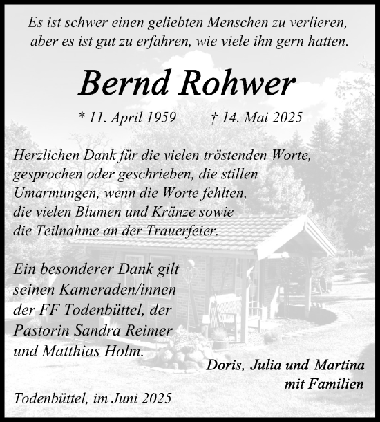 Traueranzeige von Bernd Rohwer von Schleswig-Holsteinische Landeszeitung