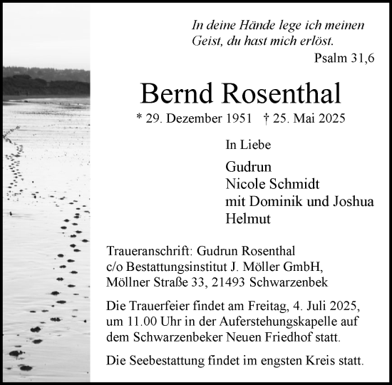 Traueranzeige von Bernd Rosenthal von Wochenend Anzeiger