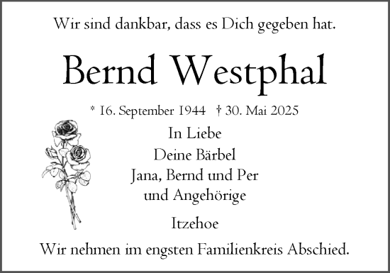 Traueranzeige von Bernd Westphal von Norddeutsche Rundschau, Wilstersche Zeitung, Glückstädter Fortuna