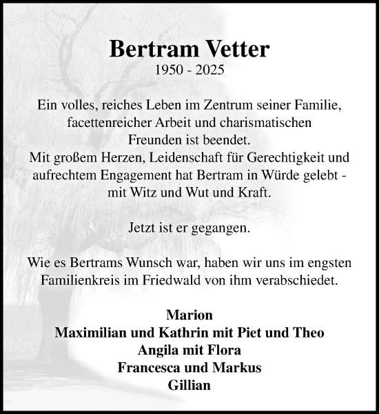Traueranzeige von Bertram Vetter von MARKT Bad Oldesloe/Reinfeld, MARKT Ahrensburg/Bargteheide/Trittau und Stormarner Tageblatt