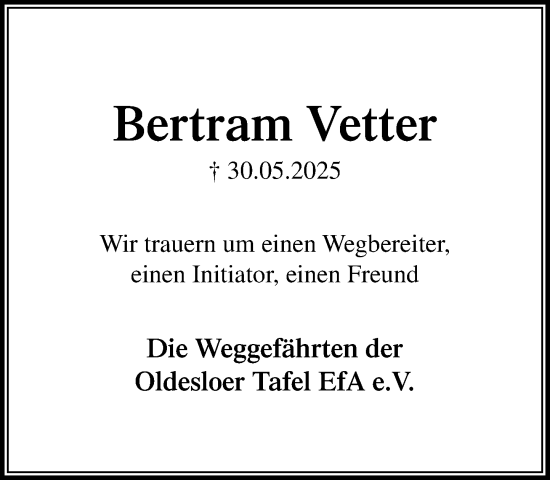 Traueranzeige von Bertram Vetter von MARKT Bad Oldesloe/Reinfeld und Stormarner Tageblatt