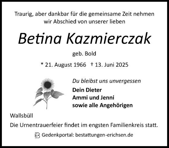 Traueranzeige von Betina Kazmierczak von Flensburger Tageblatt