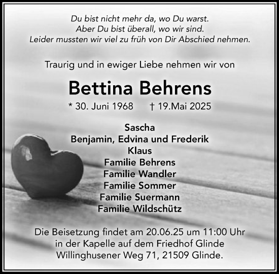 Traueranzeige von Bettina Behrens von MARKT Glinde/Reinfeld