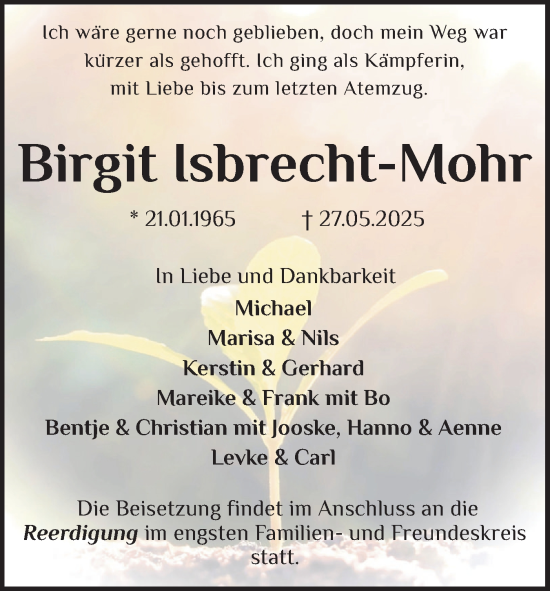 Traueranzeige von Birgit Isbrecht-Mohr von Norddeutsche Rundschau, Wilstersche Zeitung, Glückstädter Fortuna