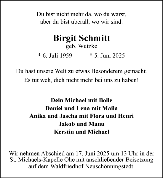 Traueranzeige von Birgit Schmitt von MARKT Glinde/Reinfeld