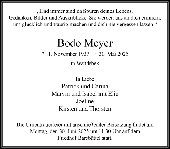 Traueranzeige von Bodo Meyer von MARKT Glinde/Reinfeld