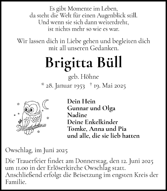 Traueranzeige von Brigitta Büll von Schleswig-Holsteinische Landeszeitung