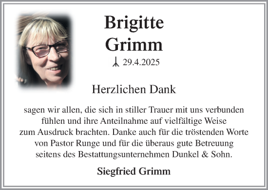 Traueranzeige von Brigitte Grimm von MARKT Ratzeburg/Mölln