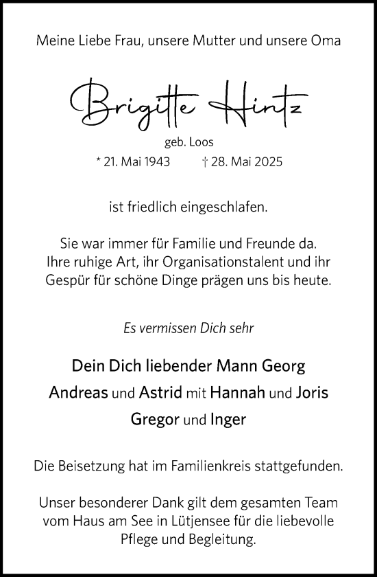 Traueranzeige von Brigitte Hintz von MARKT Ahrensburg/Bargteheide/Trittau und Stormarner Tageblatt