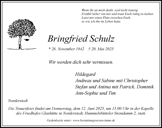 Traueranzeige von Bringfried Schulz von Heimatspiegel