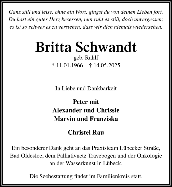Traueranzeige von Britta Schwandt von MARKT Bad Oldesloe/Reinfeld und Stormarner Tageblatt