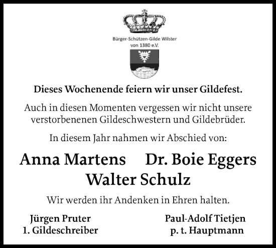 Traueranzeige von Walter Schulz von Norddeutsche Rundschau, Wilstersche Zeitung, Glückstädter Fortuna