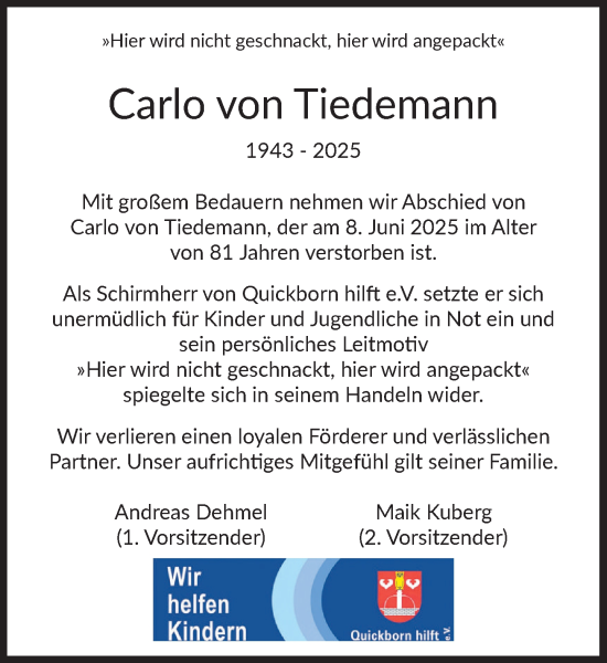 Traueranzeige von Carlo von Tiedemann von Umschau