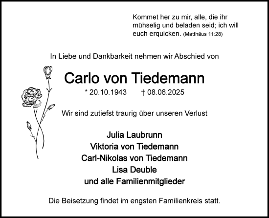 Traueranzeige von Carlo von Tiedemann von Umschau