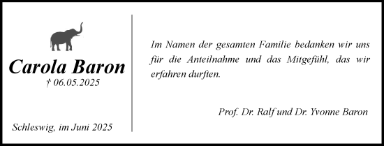 Traueranzeige von Carola Baron von Schleswiger Nachrichten, Schlei-Bote