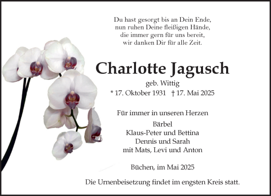 Traueranzeige von Charlotte Jagusch von Wochenend Anzeiger