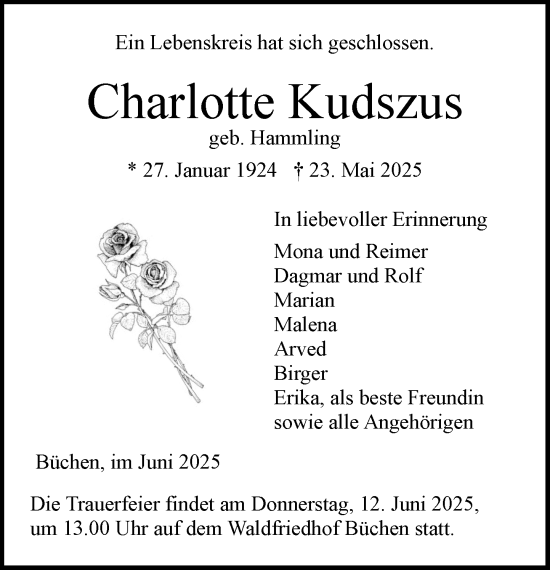 Traueranzeige von Charlotte Kudszus von Wochenend Anzeiger