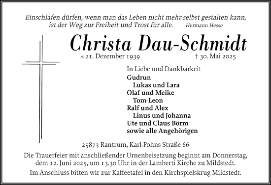 Traueranzeige von Christa Dau-Schmidt von Husumer Nachrichten, Nordfriesland Tageblatt
