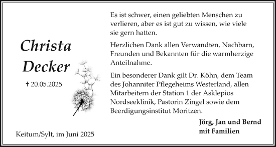 Traueranzeige von Christa Decker von Sylter Rundschau