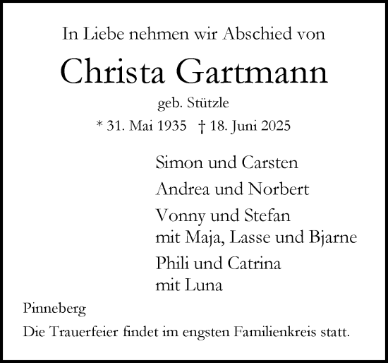 Traueranzeige von Christa Gartmann von Region Pinneberg und tip Pinneberg