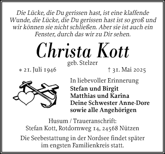 Traueranzeige von Christa Kott von Husumer Nachrichten, Nordfriesland Tageblatt