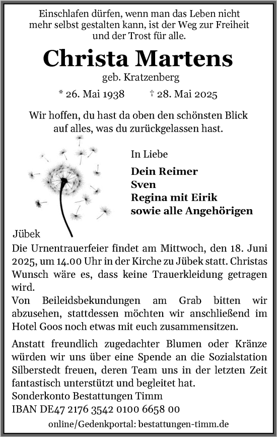 Traueranzeige von Christa Martens von Region Flensburg